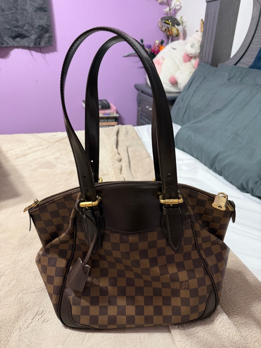Brown Checkered Shoulder Tote Bag